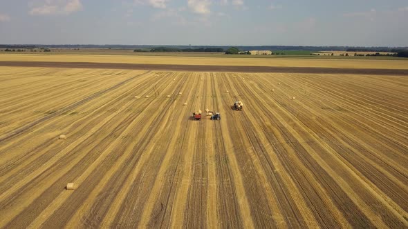 Aerial view: Tractor loading hay bales on the trailer. Cylindrical bundle of hay. Agriculture area