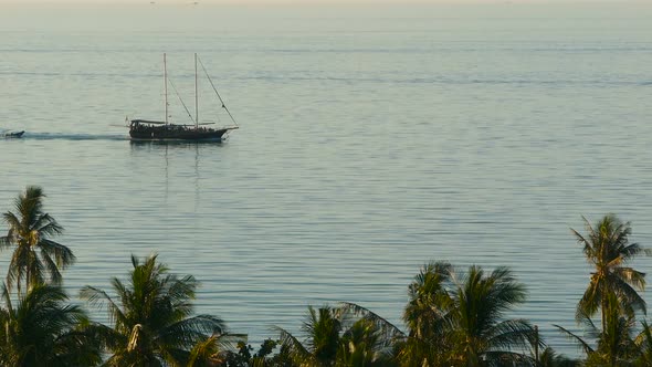 Sea with Sailing Boat and Tropical Exotic Plants. From Above View of Calm Blue Ocean with Wooden