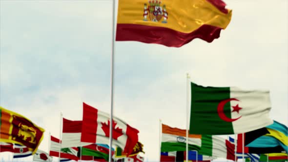 Spain Flag With World Globe Flags Morning Shot