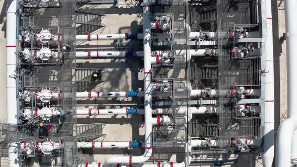 Sophisticated pipeline network at an oil refinery. Aerial shot