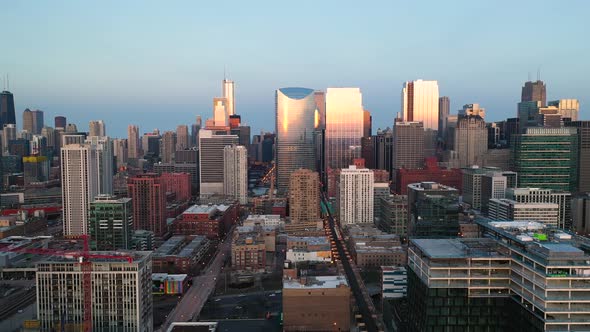 Chicago West Loop at Golden Hour - Aerial