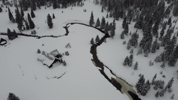 Aerial view of snowy landscape.