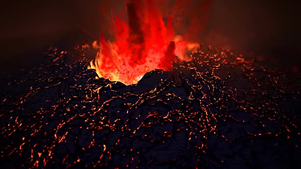 Active volcano eruption. Volcanic crater throws away glowy orange fireballs