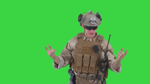 Talking Emotionaly Soldier Complaiting About Something on a Green Screen, Chroma Key.