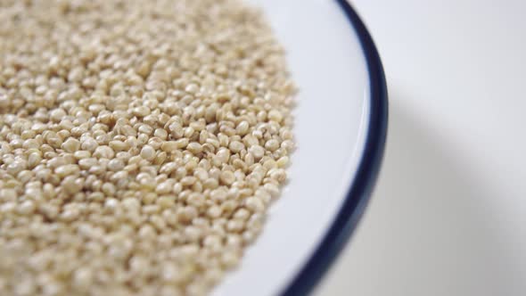 Raw quinoa seeds in a white plate with a blue edge