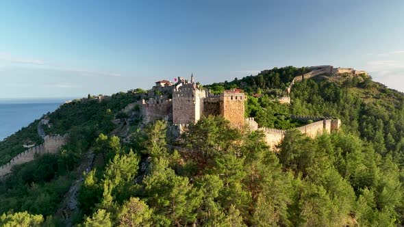 Castle Alanya Kalesi Aerial View 4 K of Mountain and City Turkey