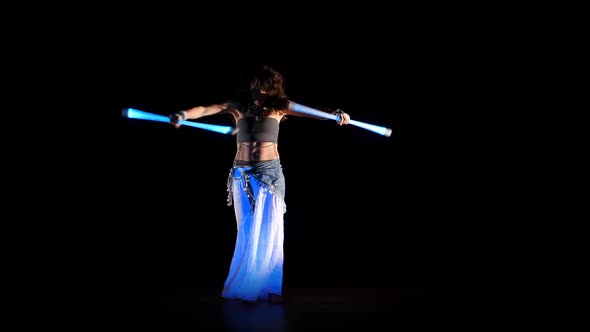 Beautiful Gipsy Woman Dancing In Neon Light With Ultraviolet Staffs 5