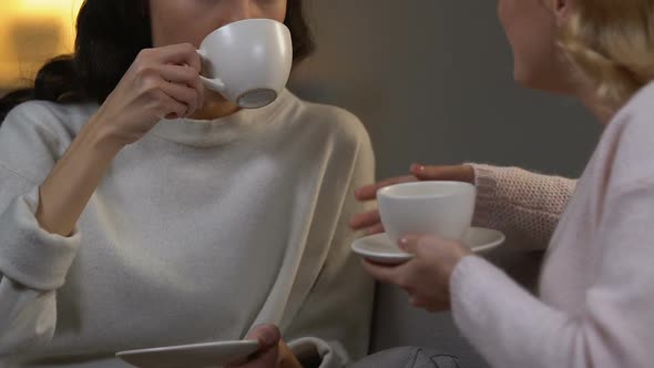 Two Women Gossiping, Drinking Tea and Sitting in Cozy Atmosphere, Relations