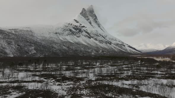 Winter Scene At Otertinden Mountain, Signaldalen, Signal Valley, Norway - aerial drone shot