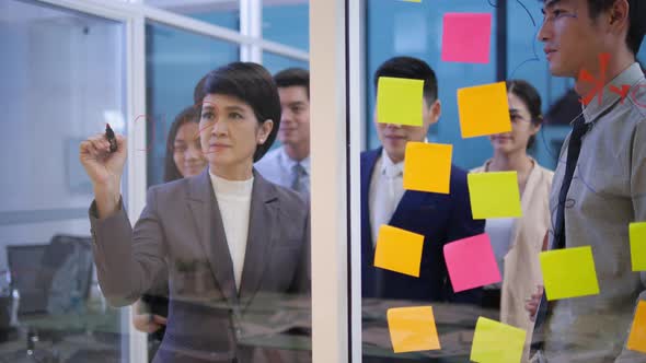 Business people with sticky notes on glass wall