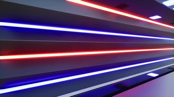 Fly Inside A Futuristic Metal Corridor With Neon Colored Laser Lines