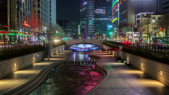 Aerial Illuminated Cheonggyecheon in Korea, Seoul