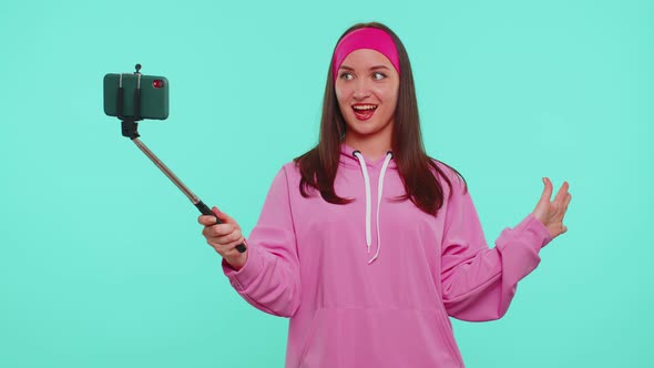 Girl Traveler Blogger Taking Selfie on Mobile Phone Communicating Video Call Online with Family