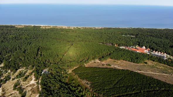 AERIAL: Panoramic shot of Green Pine Forest near the Baltic Sea shore in Nida