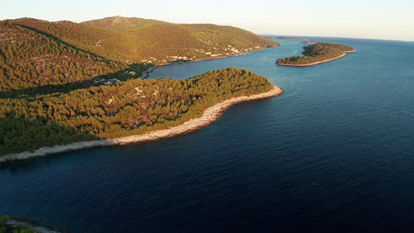 Aerial View of the Green Shores of the Island Korcula at Sunset Croatia