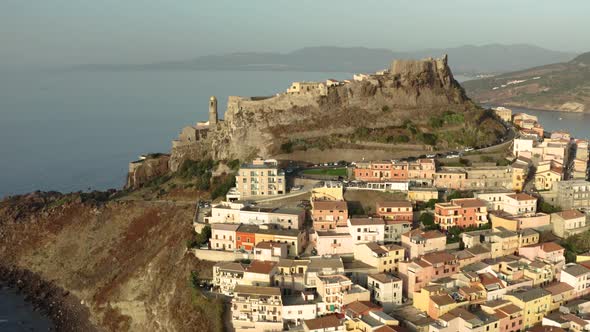 Castelsardo town on Italian mediterranean Sardinia island, aerial shot