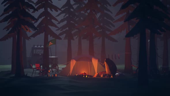 Animated bear stealing camping gear during the night. Theft at summer campsite.