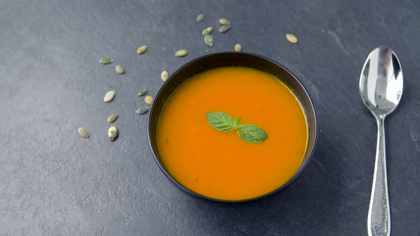 Close Up of Vegetable Pumpkin Cream Soup in Bowl