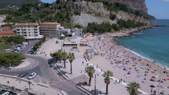 Aerial shot of a beach in Cassis on the Mediterranean coast in Provence, France