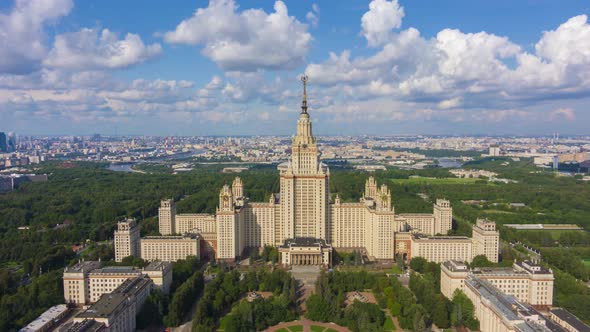 Moscow University and City Skyline at Sunny Summer Day. Aerial View