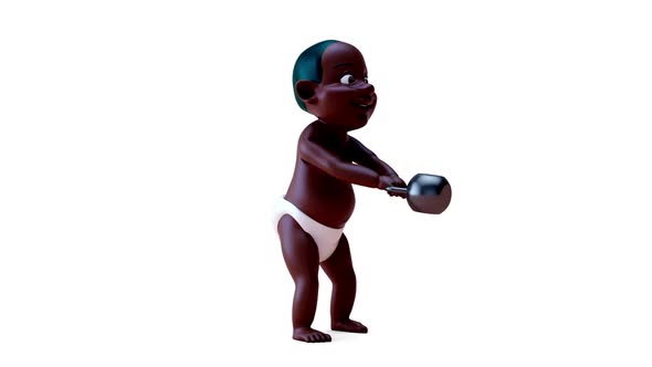 Fun 3D cartoon of a baby with a kettlebell