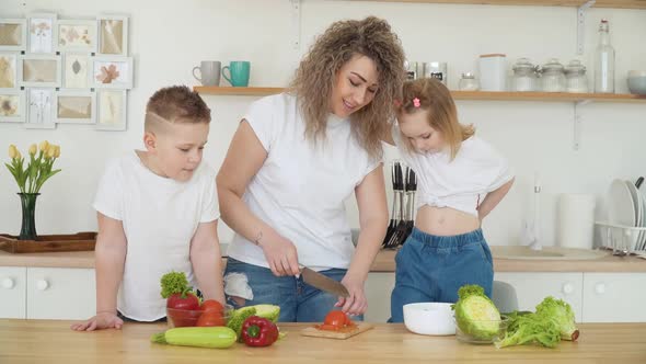 A Son and Daughter Watch a Mother Slice a Tomato at a Kitchen Table in a Scandinavian Design