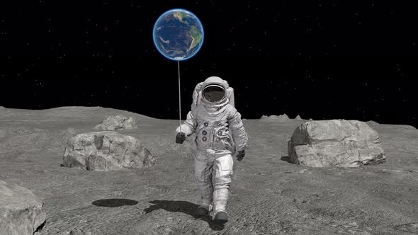 Atsronaut with a Ball in the Shape of the Earth Is Walking on the Moon