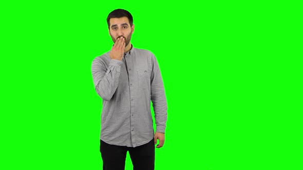 Brunette Guy Is Smiling and Showing Heart with Fingers Then Blowing Kiss. Green Screen