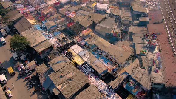 Mumbai, India, Dhobi ghat slums, 4k aerial drone footage