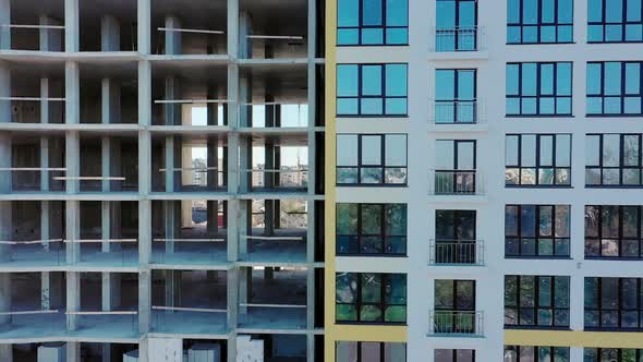 Construction site with monolith frames of new multi story buildings