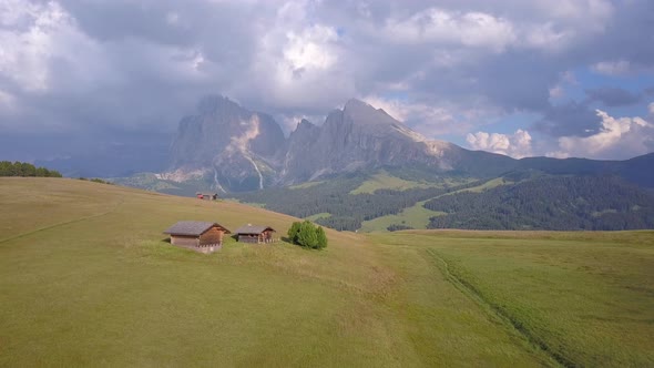 Aerial travel drone view of South Tyrol, Italy and the Dolomites mountains.