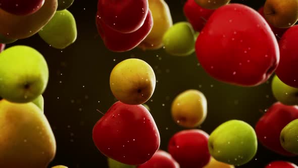 Slow motion animation of multicolored natural apples falling down. Loopable. HD
