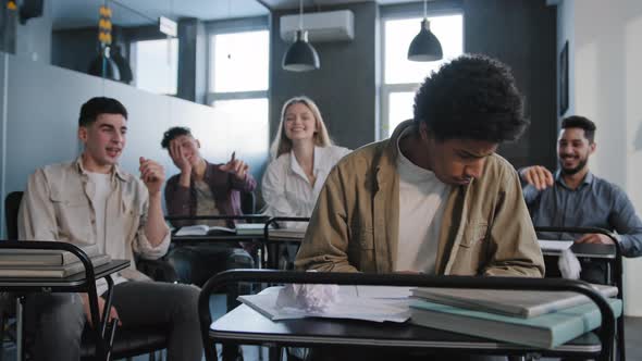 Unhappy African American Student Loser Feeling Mocking Bullying Anger From Classmates Suffering From