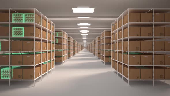 Flight through the warehouse Shelves with cardboard boxes