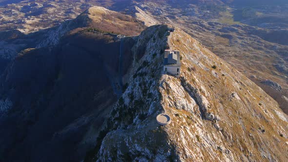 Aerial Shot of the Njegos Mausoleum on Top of the Mount Lovcen in Montenegro