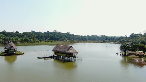 4k daytime aerial drone video looking over the tropical Laguna de los Milagros (Miracles Lakes) in T