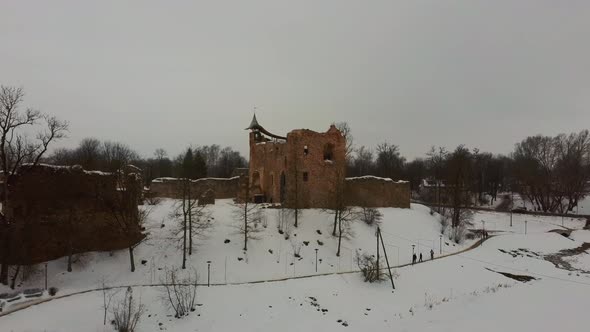 Ruins of Ancient Livonian Order's Stone Medieval Castle Latvia Aerial Drone Top Shot 