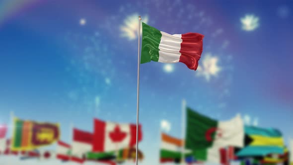 Italy Flag With World Globe Flags And Fireworks 