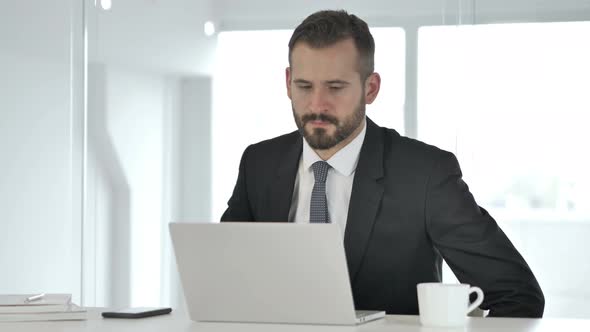 Businessman Coming Office and Opening Laptop at Work