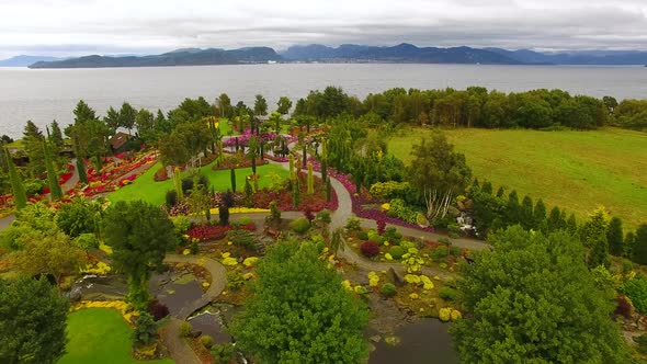 Aerial view of the flowered garden on an island, Norway
