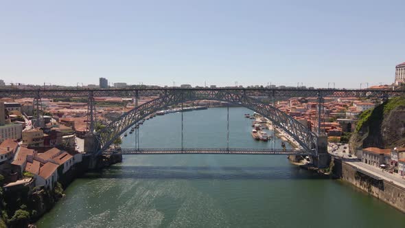 Aerial View Shot of Porto, Oporto, Dom Luis I Bridge, Douro River, Old Town