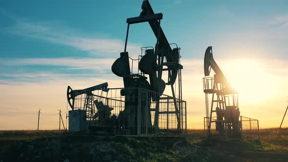 Sunset at the Oil Pumping Site with Multiple Pumpjacks