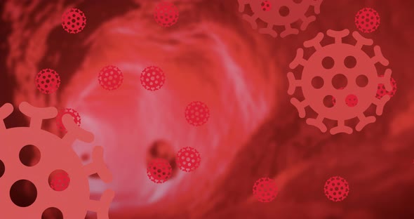 Macro red coronavirus cells spinning and spreading on red background alt