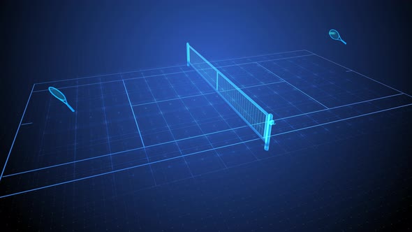 High tech holographic 3D animation of tennis game. Futuristic rackets hit ball across hologram court alt