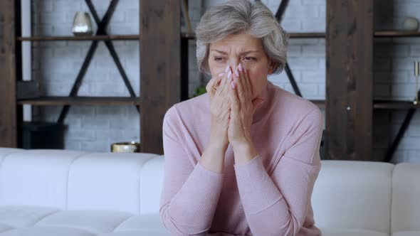 Mature Senior Woman Feeling Worried About Problems, Pensive Upset Sad Middle Aged Grey Haired Lady