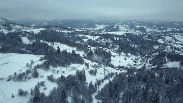 Aerial View Winter Village. Snowy Tree Branch in a View of the Winter Forest