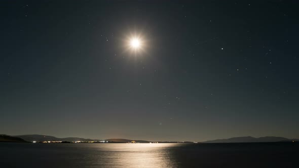 Time Lapse of Full Moon Reflecting Off Sea Water and Creating Moon Path in Lemnos, Greece