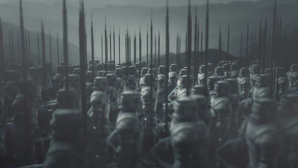 Large Medieval Knight Army Standing Under Rain