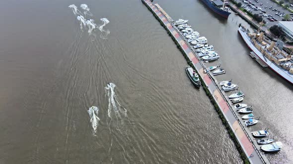 Aerial View of Delaware River with Boardwalk in the Beautiful Marina Brightly Colored Sidewalk Along