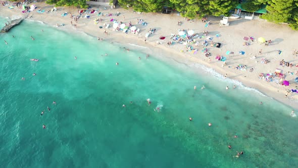 Aerial top down view of people swimming in sea, relaxing at the beach